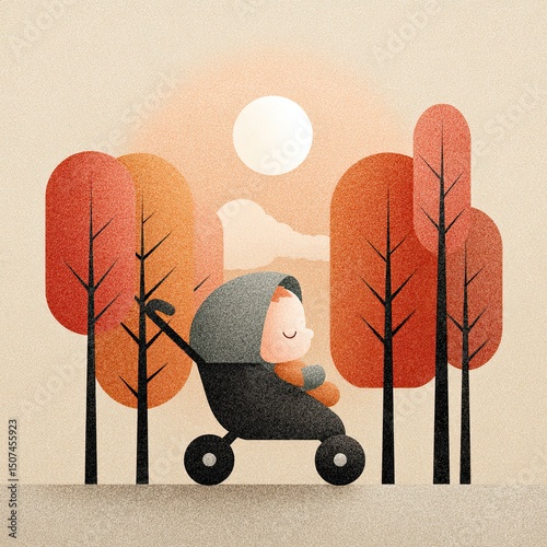 Baby sleeps in stroller under autumn sun, stroller ride through golden forest, stroller moment full of calm, warmth, and gentle seasonal serenity.