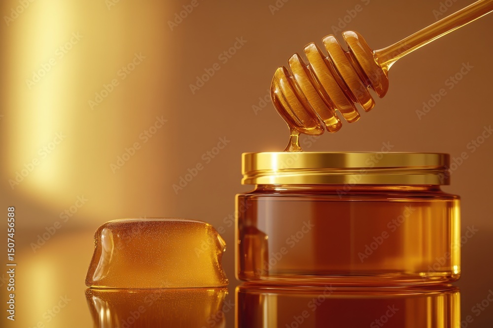 Honey jar with dipper and honey cube isolated on white background Honey jar with dipper and honey cube isolated on white background