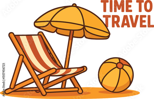 Concept of summer holiday and travel time, featuring a 3D vector beach chair, yellow umbrella, and ball