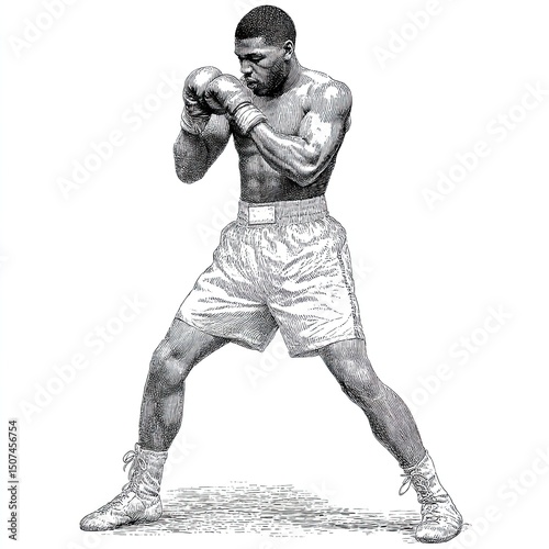 Boxer trains in vintage engraving style, boxer form shaped by discipline, boxer rhythm shown in every etched muscle and controlled stance.