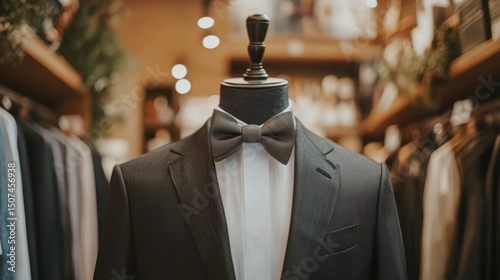 Elegant tuxedo on mannequin in luxury menswear store interior with blur.
