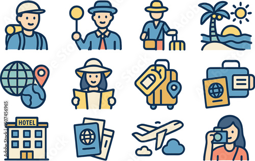 Icon set for tourism line, featuring symbols such as tourists, guides, travelers, vacations, and others