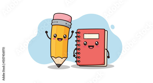 Animated pencil and spiral notebook with happy faces and arms in cheerful school supplies illustration 