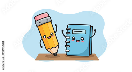 Cute animated pencil and spiral notebook character with happy faces and arms illustration for school and writing themes 