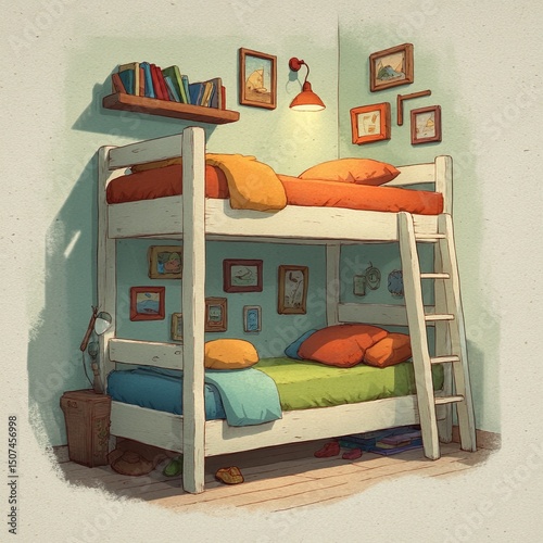 Bunk bed framed by books, pillows, and framed art creates cozy shared room, bunk space filled with warmth, bunk design blends comfort, fun, and childhood charm.