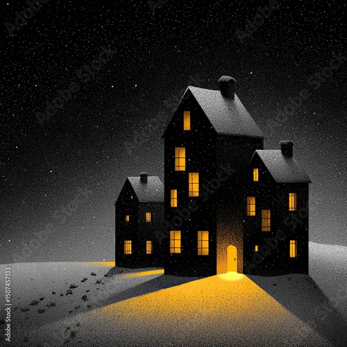 Glowing house windows cast gentle light across snowy ground, warmth radiating through frosty silence, warmth drawing viewers inward, warmth softening stark winter night.