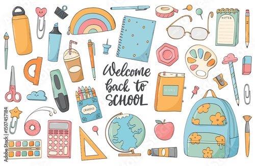 Back to school doodles, cartoon school supplies collection for stickers, cards, prints, banners, stationary and social media decor. EPS 10