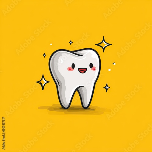 Happy cartoon tooth sparkles on yellow background, tooth shines with perfect health, tooth promotes dental hygiene, great for dental care, kids health, and clinic visuals.