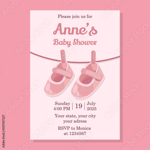 Cute baby shower card with baby girl footwear Pink flat illustrations