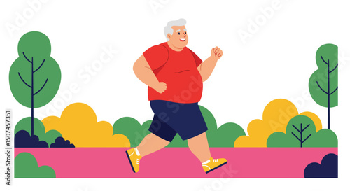 Elderly man jogging in park with trees and bushes in vibrant colors vector illustration 