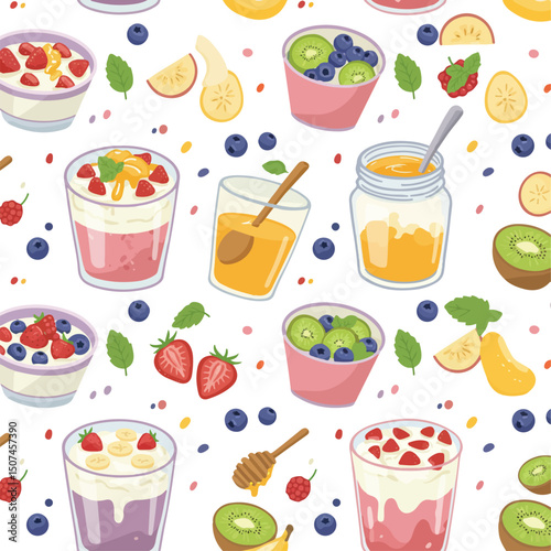 This colorful and delightful image displays a pattern of fruits, yogurts, and smoothies.