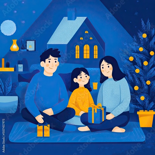 Family sits by lit tree in cozy living room, family warmth fills holiday night, family connection glows in peaceful colors, great for seasonal and lifestyle themes.