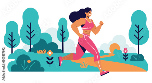 Woman running outdoors in pink activewear with nature background and trees in modern vector illustration 