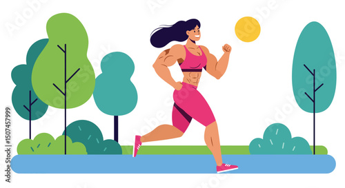 Woman running outdoors in park with green trees and sunny weather healthy lifestyle exercise vector illustration 