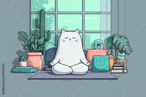 Calm cartoon cat sits cross-legged in modern room, cat meditates near plants and pillows, cat brings humor and peace to wellness, lifestyle, and home design visuals.
