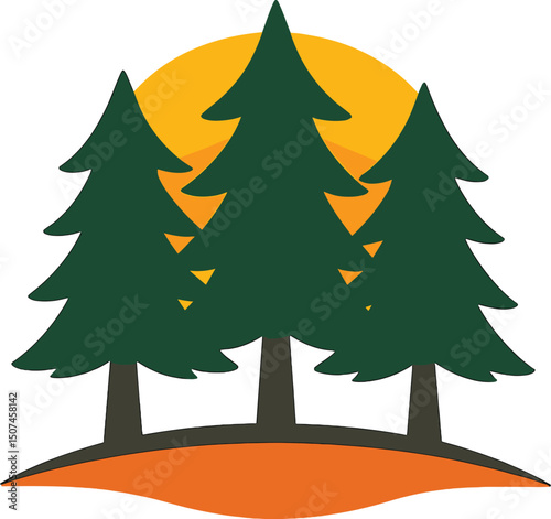 The logo features a triple tree design set amidst a pine forest vector illustration