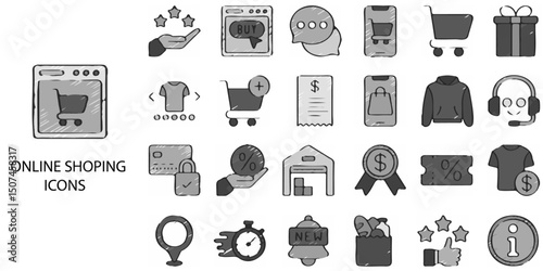 Online Shopping simple concept 24 hand drawn Grew color icons set .Vector illustration.