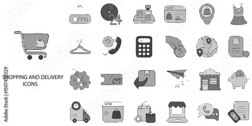 Shopping and Delivery simple concept 24 hand drawn Grew color icons set .Vector illustration.