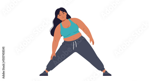 Woman stretching before workout in casual fitness clothing with blue top and dark pants vector illustration 