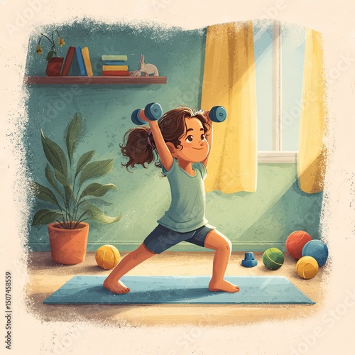 Young girl lifts dumbbells during morning exercise on yoga mat, exercise builds strength and joy, exercise in home space promotes healthy habits, ideal for wellness, parenting, and lifestyle visuals.