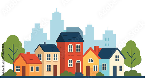 city building houses view skyline background real estate cute town concept horizontal banner flat vector illustration’ becomes ‘horizontal banner featuring cute town concept with city building houses