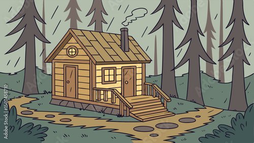 Cozy Wooden Treehouse in Dense Forest Illustration on Transparent Background