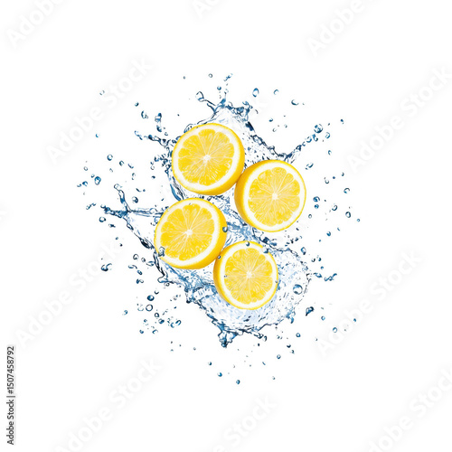Fresh lemon slices splash in water against transparency background, creating vibrant and refreshing scene. citrus fruit bright yellow color contrasts with clear water droplets