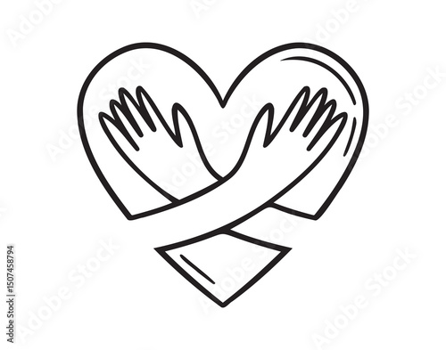 heart with hand hug gesture icon doodle hand drawn. Outline heart hug line drawing clipart symbol