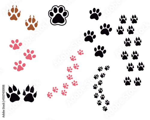 A variety of paw prints in different colors are arranged on a white background. The paw prints include brown, pink, and black, with different styles and sizes