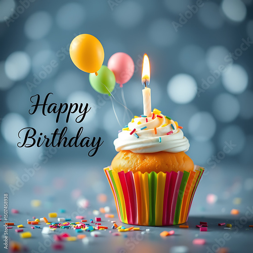 Happy Birthday Cupcake with Balloons | Celebration & Greeting Card