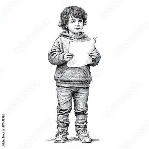 Child holding paper with serious face, uncertainty fills expression, uncertainty captured in hesitant stance, uncertainty surrounds moment of waiting or presenting news.
