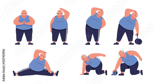 Elderly man exercising and stretching in various fitness poses vector illustration set for healthy lifestyle and physical activity 