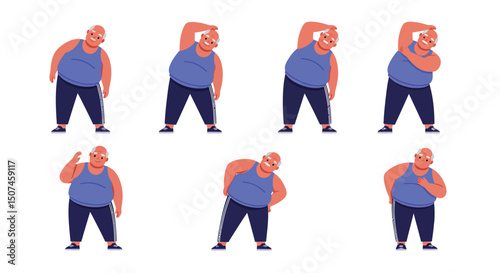Overweight man doing stretching fitness exercises in blue tank top and pants vector illustration 