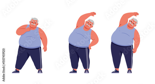 Elderly man performing stretching exercises in casual sportswear for fitness and health improvement vector illustration 