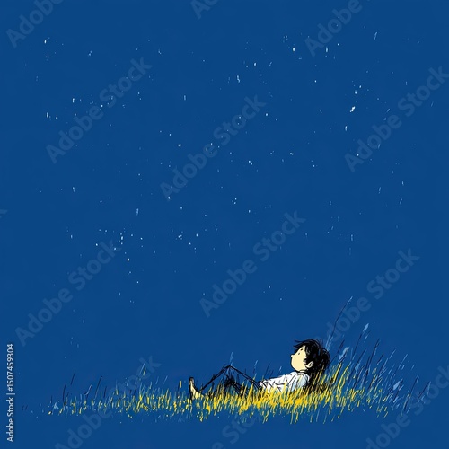 Child lying in grass under starry sky, wonder flows through quiet night, wonder fills still moment of stargazing, wonder connects dreams with the vast universe.