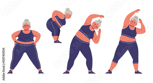 Senior woman exercising in purple activewear performing stretching and warm-up exercises for fitness and health 