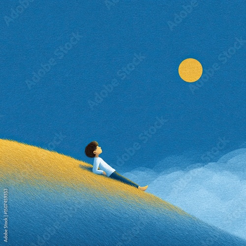 Child lying on sunny hill watching sky, tranquility fills wide space, tranquility enhanced by golden grass and soft clouds, tranquility invites inward reflection.