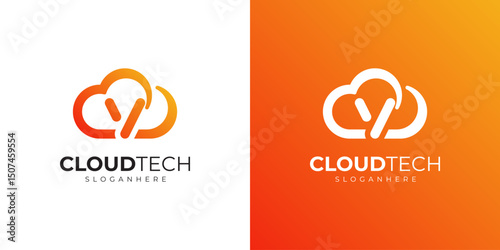 Letter V cloud logo design with modern orange gradient, tech and digital concept symbol