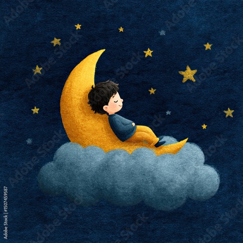 Child sleeping on crescent moon above cloud, dream fills magical night sky, dream gently flows through stars and quiet pose, dream reflects peaceful bedtime wonder.