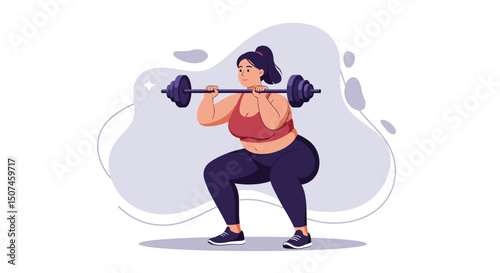 Woman performing barbell squat exercise for strength training and fitness improvement in gym environment 