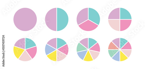 Circle division infographic colorful icon set. Infographic wheel segment and fraction. Pie chart divided equal parts. Color round diagram.
