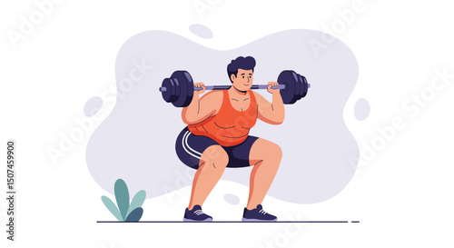 Man performing barbell squat exercise for strength training and fitness improvement vector illustration 