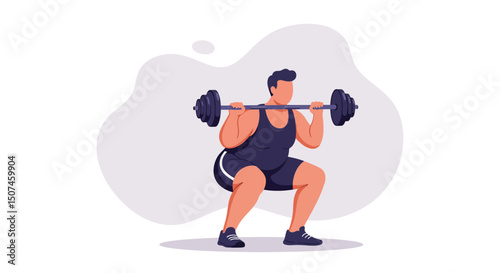 Man doing barbell squat exercise for strength training and fitness workout vector illustration 