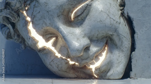A cracked stone sculpture of a smiling face glows with light through its fractures, blending classical art with surreal illumination.