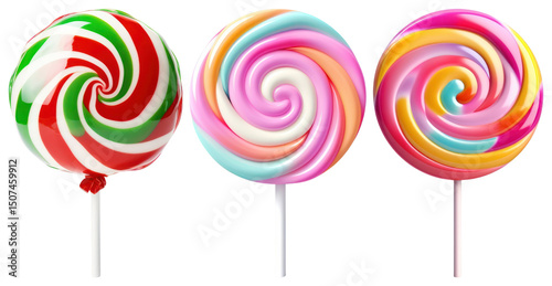 PNG Three colorful swirled lollipops in vibrant patterns element set on transparent background.