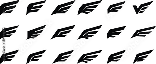 Futuristic wing icon set, logo style wings, in abstract black silhouette style, featuring dynamic, aerodynamic shapes for sci-fi themes