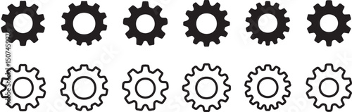 Gear and cogwheel vector icon set, cartoon stye gear set, in black silhouette featuring industrial, mechanical and engineering designs