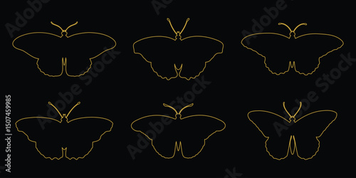 Golden elegant butterfly silhouette icon set with delicate wing design and minimalist symmetrical shapes