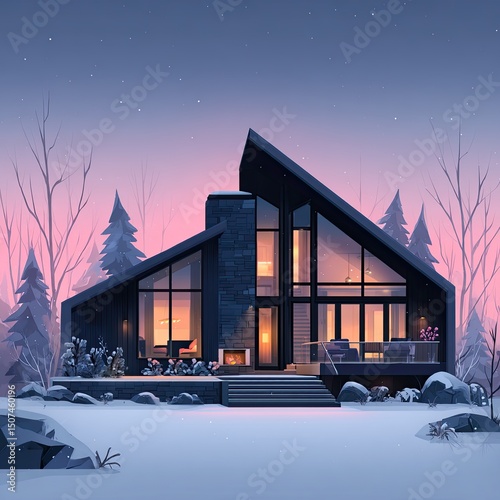 Modern house glows warmly in snowy twilight, modern elegance meets winter calm, modern retreat offers peace,