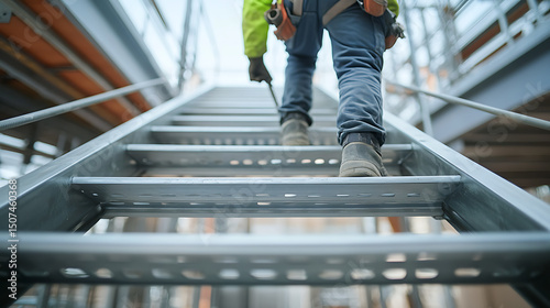 Construction Worker Ascending a Metal Ladder